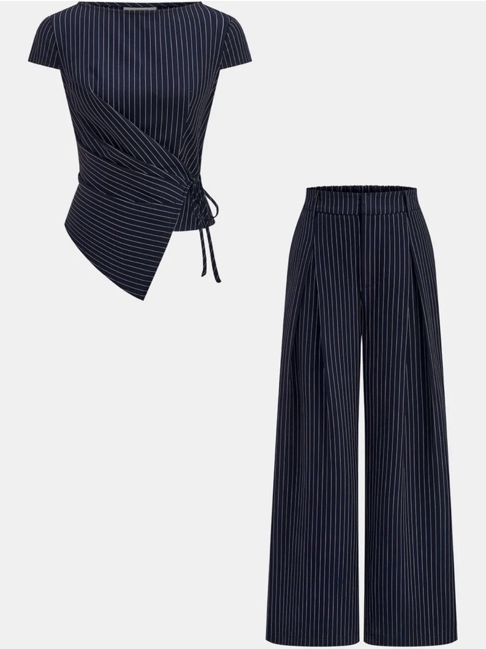 Commense Navy Pinstripe Wrap Top and Wide-Leg Pants